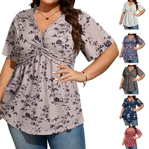[1X-5X] Auciccoo Plus Size Floral V Neck Twist Front Top for Women Short Sleeve Loose Fit Tunic Blouse