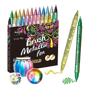 Metallic Color Acrylic Paint Pen, 12pcs/set Dual Tip Acrylic Paint Marker Pen, Fine Tip & Brush Tip Paint Pen for Rock Painting, Canvas, Wood