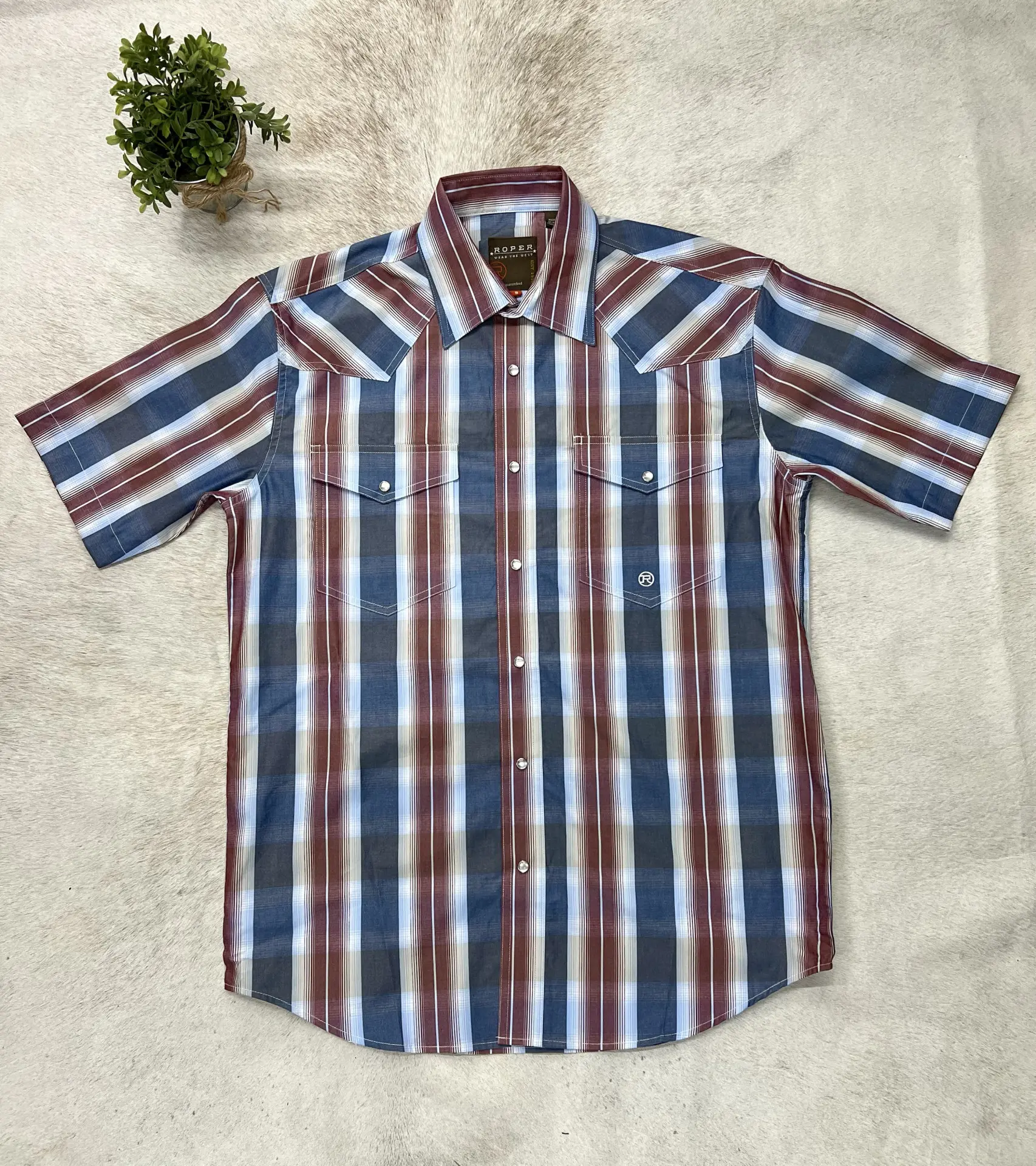 Men Wester Retro Vintage Short Sleeve Snap Blue