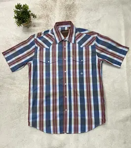 Men Wester Retro Vintage Short Sleeve Snap Blue