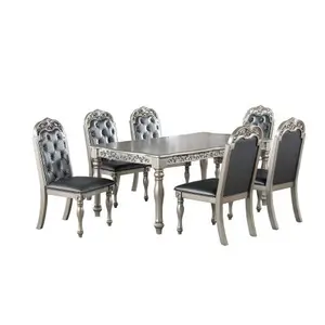 Bellemave 7-Pc Traditional Formal Silver/Grey Dining Room Table Set - Rubber Wood Base, 6 Intricate Tufted Back Cushion Side Chairs, Indoor Furniture Combo