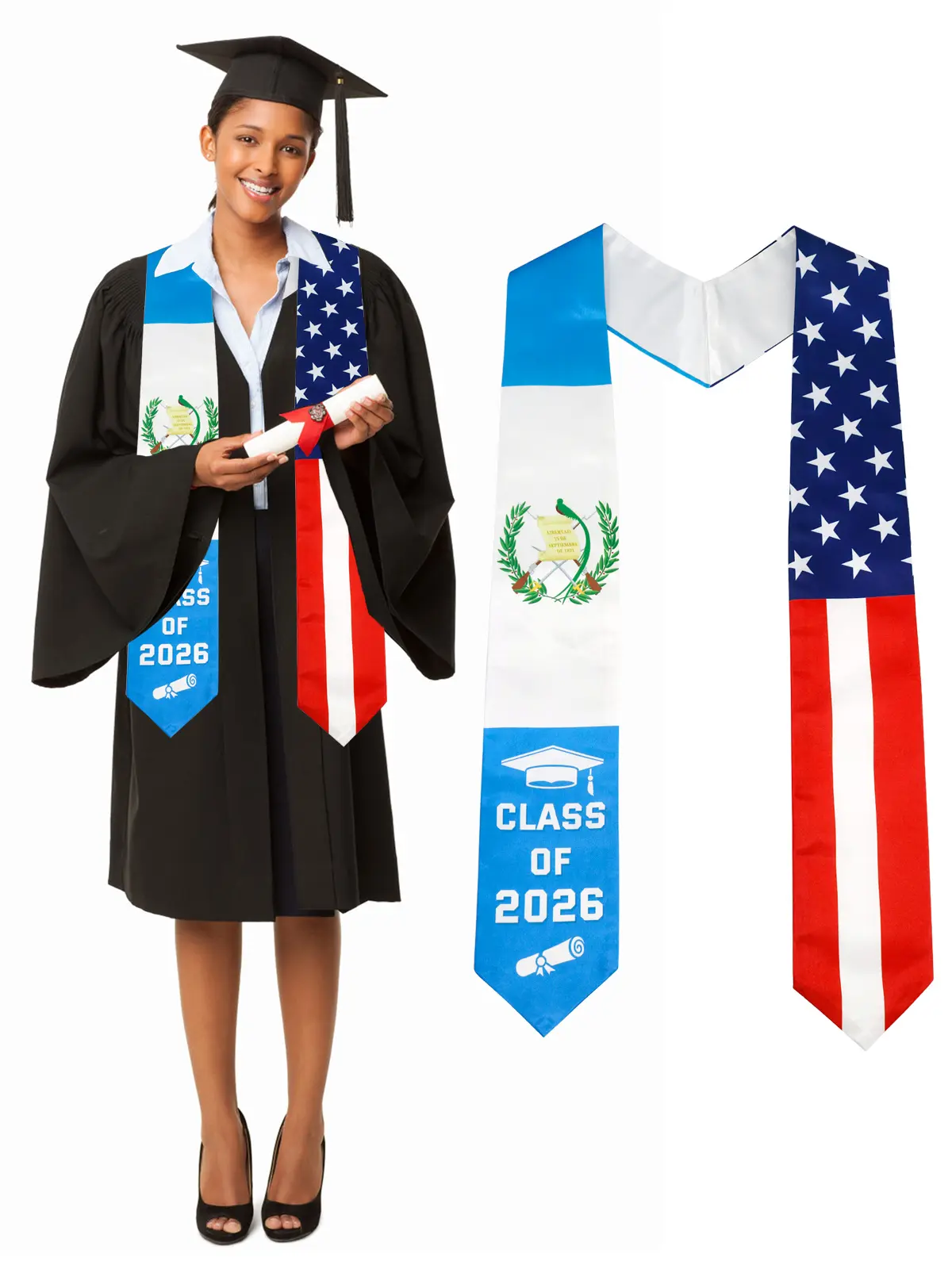 GraduationMall  US / Guatemala Country Flag Graduation Stole Print Sash for Study Abroad International Students Class of 2026 Silky SatinCapeShawl Set