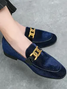 Men's Chain Velvet Loafers, Pointed Toe Slip-On Flat Shoes, PU Leather Shoes, Fashionable Business Casual Footwear, Perfect for Weddings and Parties, Elegant Plain Loafers, Slip On Style