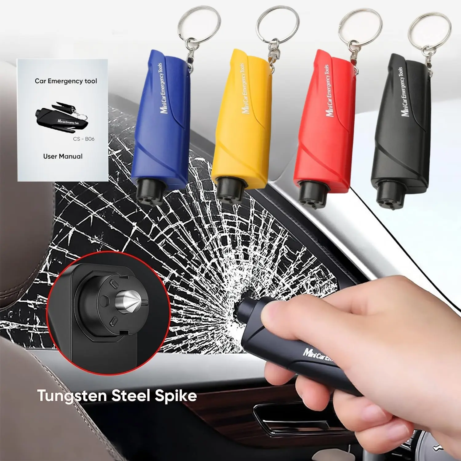 4-Pack EDC Gear Vehicle Emergency Escape Keychain Multi-Tool - Car Window Breaker, Seatbelt Cutter, Keychain Accessory with User Manual for Land & Underwater Use, Ideal Family Gift, Land And Underwater Use, Accessories