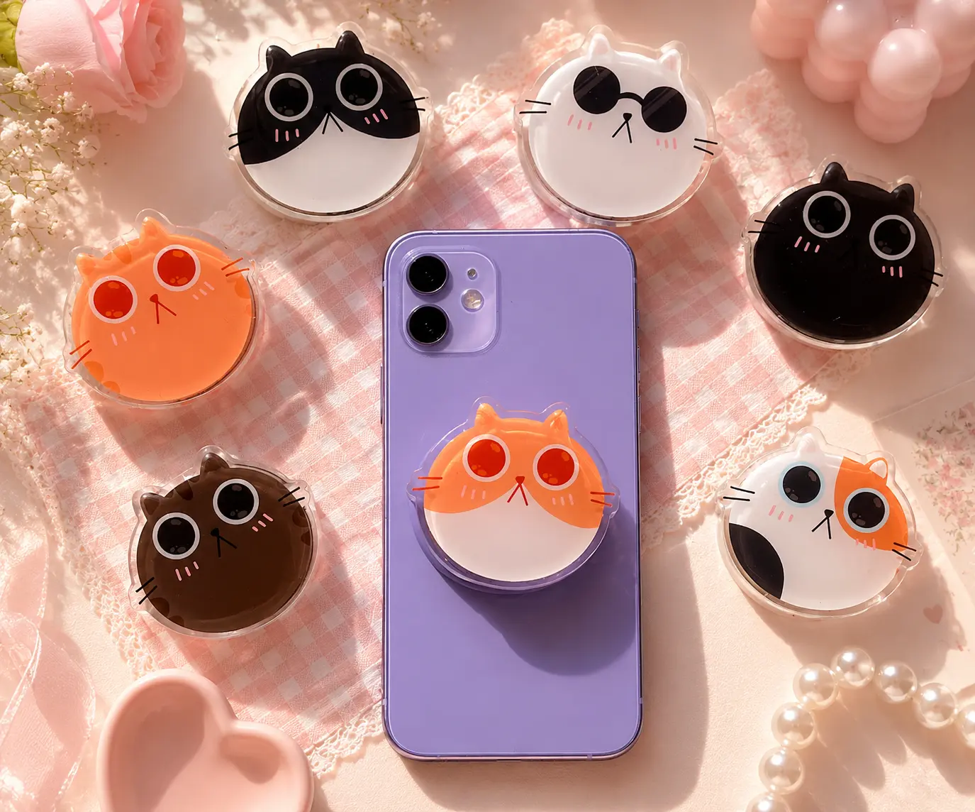 Cute Kitty MagSafe Phone Grip, Kawaii Cat Magnetic Phone Holder, Happy Cat Phone Accessories, Chubby Cats Acrylic Griptok, Cute Gift for Cat Lovers