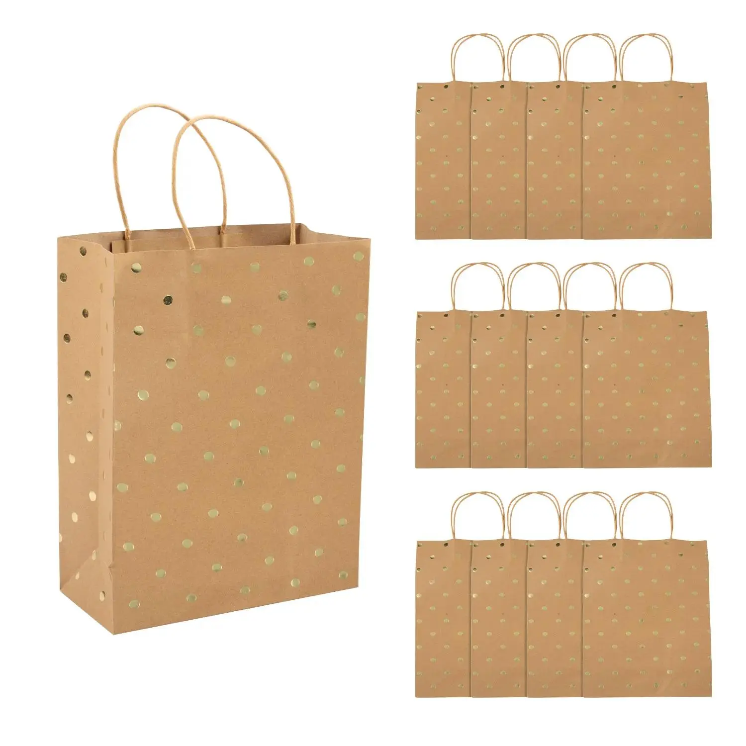 10" x 13" Large Gold Foil Dot Kraft Paper Gift Bags - 12 Pc.