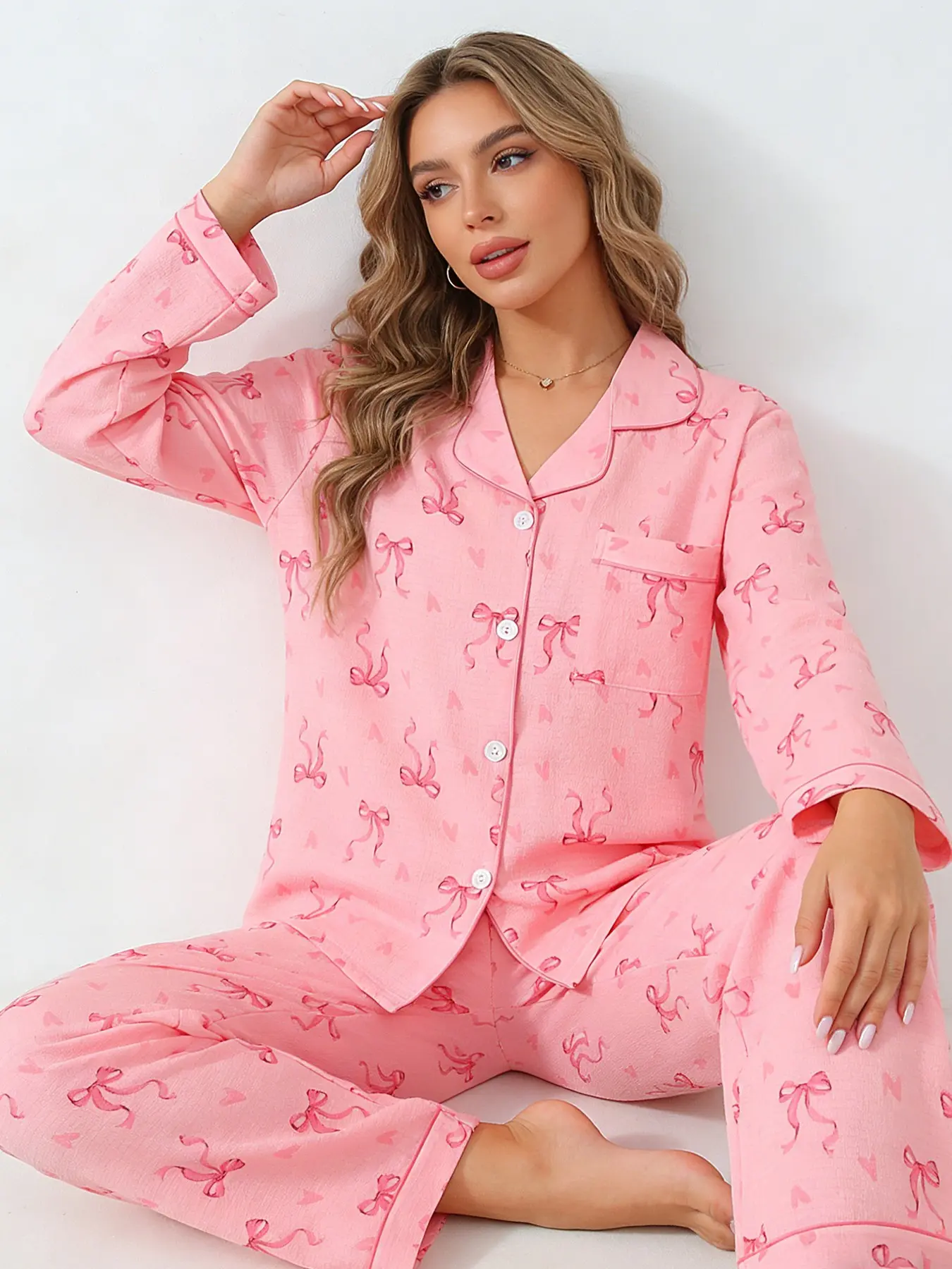 Soft Girl Pink Bow Heart Pajama Set for Women, Button Down Long Sleeve Long Pants, All Season Wearable Casual Loungewear Pjs Set, Heart Print, Loose Fit Homewear, Nightwear, Pajamas Home Wear, Pajama Clothes