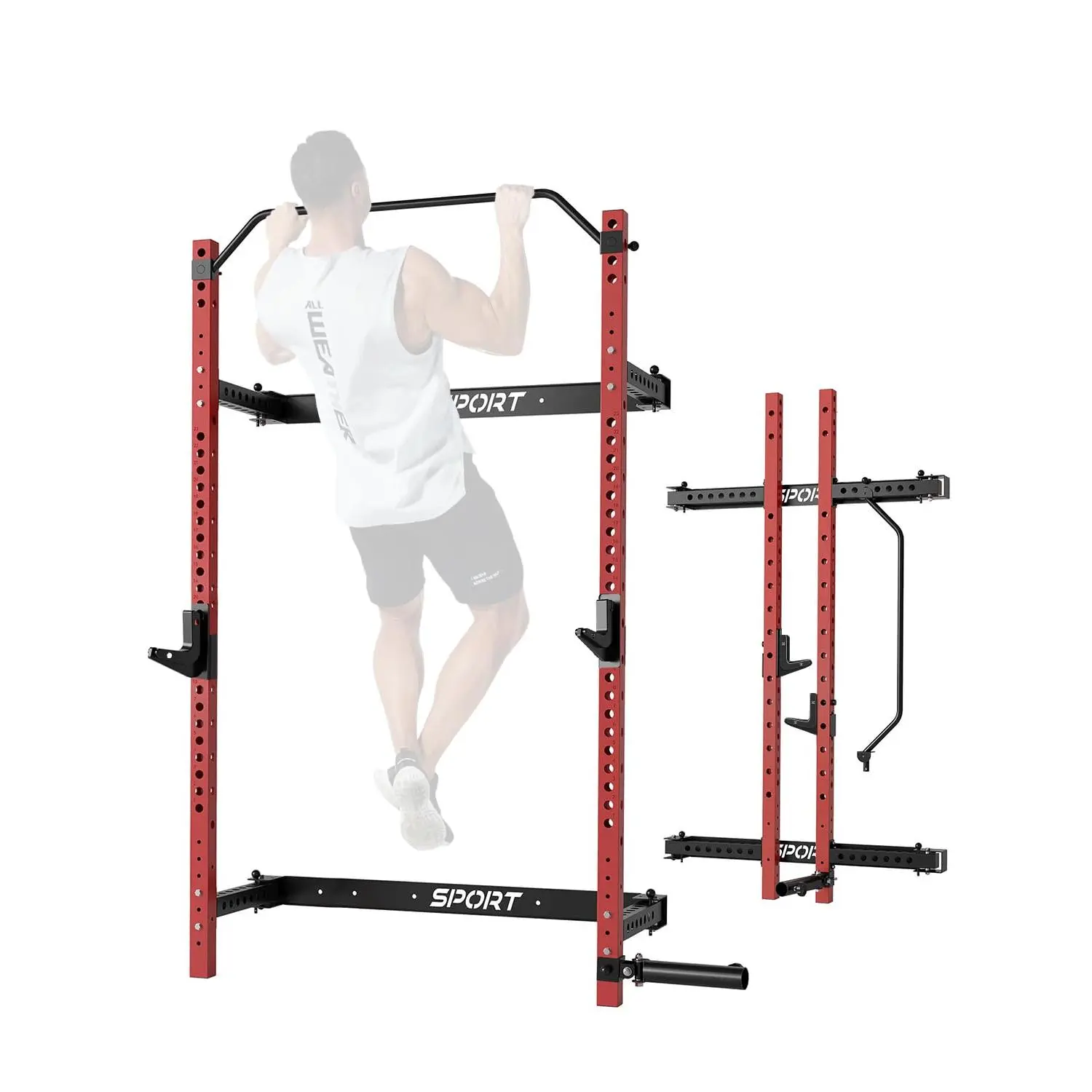 GARVEE Foldable Wall-Mounted Squat Rack - 2.36in x 2.36in Heavy-Duty Power Rack with Pull Up Bar, J-Hooks, Landmine Attachment, 1000 lbs Load Capacity for Home Gym Strength Training