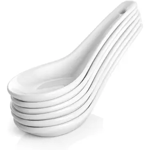 Soup Spoons Asian Soup Spoon 5.0 inch Chinese Soup Spoons Soup Dumplings Ramen Spoons Japanese Soup Spoons Ceramic Spoon Perfect for Pho, Miso, Wonton, Ramen, Dumpling, Macaron (6, WHITE)