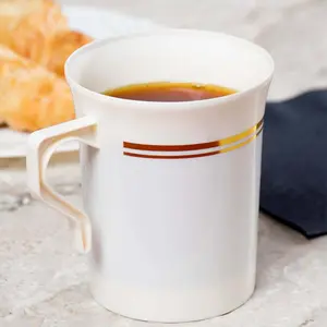 8-Pack Plastic Coffee Mugs 8oz White with Gold Stripes - Disposable Tea Cups with Handle 4"
