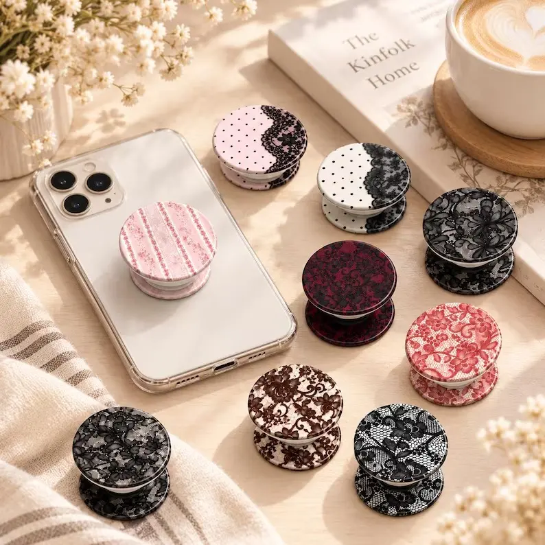 Cute Coquette Floral Lace Magnetic Phone Grip for MagSafe iPhone Cases Glossy Flat 2D Printed Vintage Pattern Phone Holder Desk Stand Removable Phone Socket Gift Aesthetic Shiny