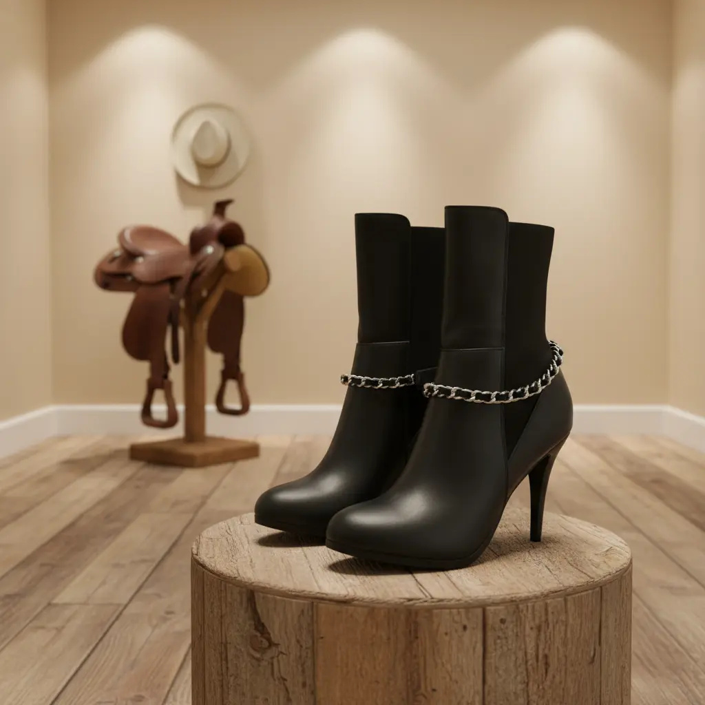 BC130 Women's Silver Metal Chain Boot Bracelet Shoe Anklet Black Faux Leather Fabric Charm Set 2PCS Western Rodeo Line Dancing Nashville Festival Fashion Bling Boot Strap Anklet Pair