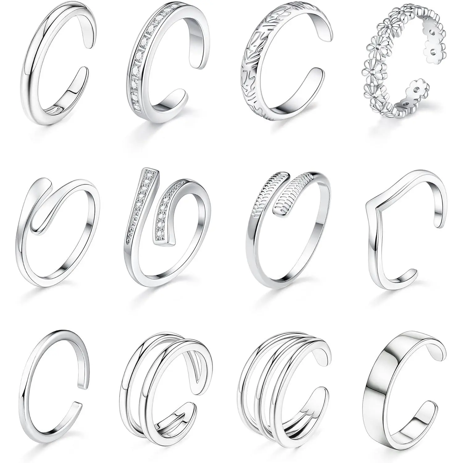12Pcs 14K Gold Filled Toe Rings for Women Non Tarnish Adjustable Flower Cz Open Toe Rings Set Foot Jewelry Gifts for Women
