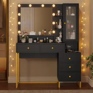 Sikaic Large Makeup Vanity with Nightstand Mirror and Lights & Charging Station 5 Drawers and Storage Shelves