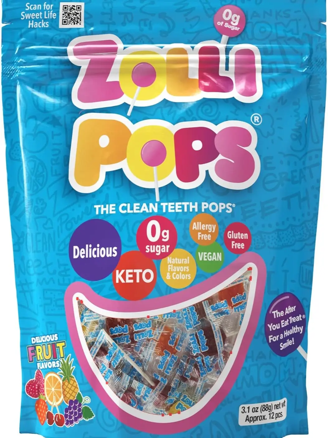 Zollipops Clean Teeth Lollipops - AntiCavity Sugar Free Candy for a Healthy Smile Great for Kids, Diabetics and Keto Diet. Natural Fruit Variety, 3.1 Ounce