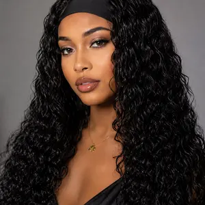 Deep Wavy Headband Wig for Black Women, 26 Inch Long Synthetic Hair, Glueless Wear and Go, Heat Resistant for Daily Party & Travel, Deep Wavy Wigs medium length body hairstyle highlight purple net