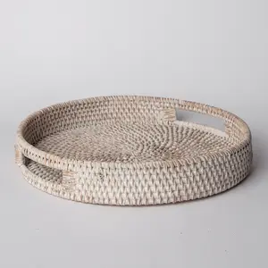 404 Round Rattan Tray — Decorative White Woven Tray for Coffee Table & Home