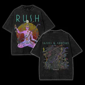 RUSH - Snakes & Arrows Tour 2007 T-Shirt, Unisex Oversized Cotton Washed T-Shirt Rock Band Merch, Music Lovers Heavy Cotton Shirt, grunge rock merch graphic tees Fabric Top