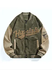 Men's Patchwork Letter Embroidery Button Front Vintage Varsity Jacket, Casual Drop Shoulder Long Sleeve Baseball Collar Outerwear for Fall & Winter, Men's Clothes for Daily Wear