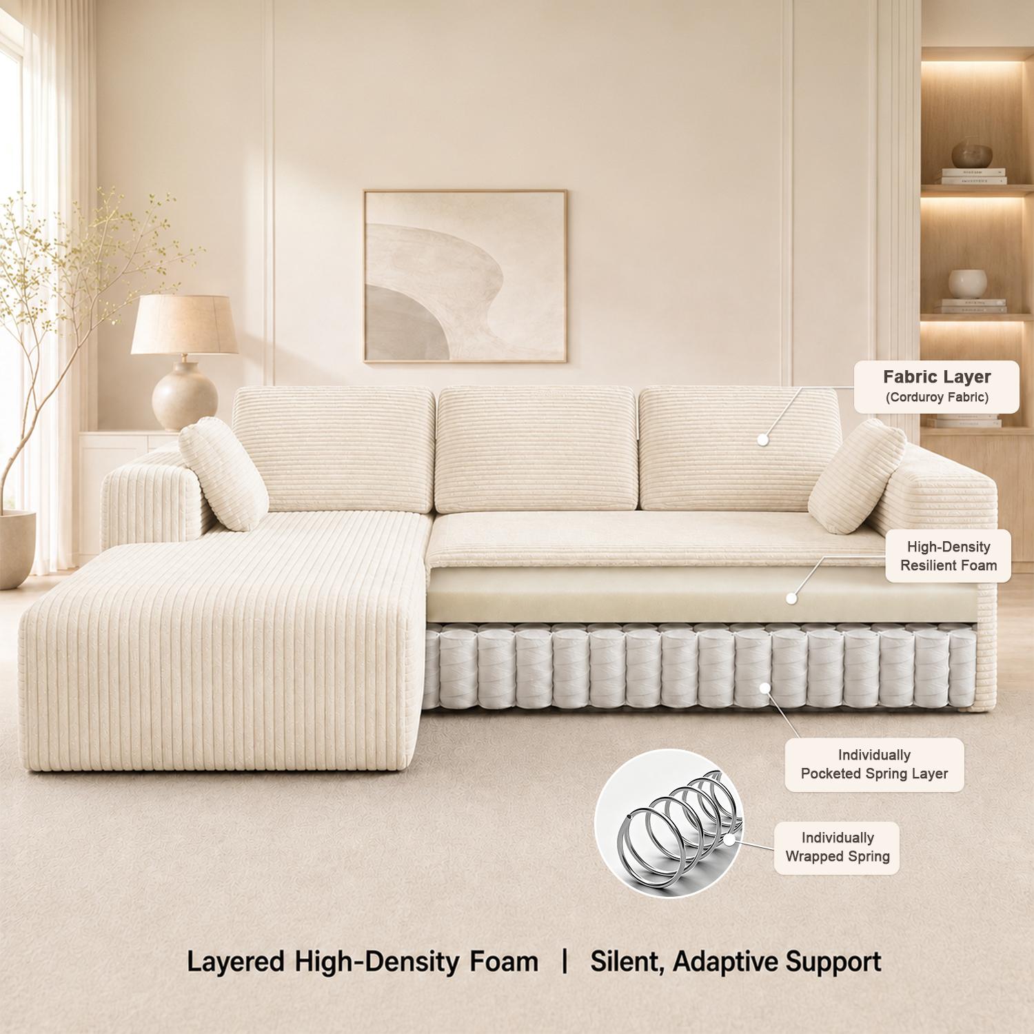DIGWAC Modern Modular L-Shaped Recliner Sectional Corduroy Sofa with Fixed Arms - Comfy Couch, Durable Furniture for Living Room/Apartment, Upgraded Pocket Spring Base, Soft Fabric, Layered Memory Foam, Deep Seat, Pre-Assembled, Ships in 2 Packages, Sturd