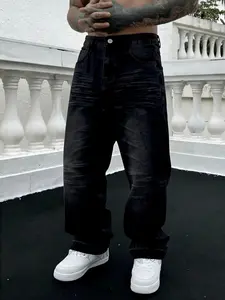 Four Seasons Men's Black Loose Straight-Fit Casual Street-Style Plain Jeans, Non-Stretch Denim Pants, Comfortable Loose Fit. Suitable for daily casual wear, city gatherings, and weekend fashion looks. Essential trendy men's pants Streetwear Menswear 🔥