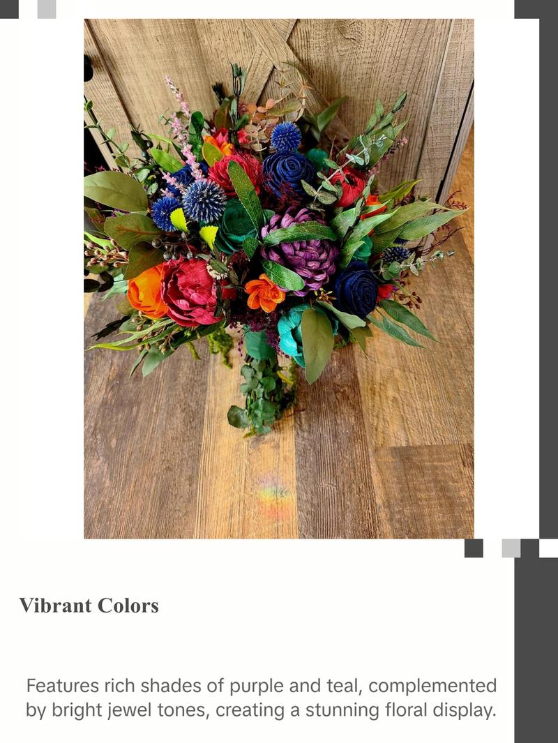Moody Jewel Toned Wood Flower Bouquet, Teal and Purple Sola Bride Bouquet, Hanging Greenery Bouquet