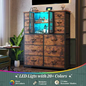RaybeeFurniture 12 Drawer Dresser for Bedroom with LED Lights & Charging Station, Tall Fabric Dresser with Hutch Shelves, Wide Chest of Drawers Storage Organizer for Closet, Entryway, Dorm Room, Apartment Essentials,  Aesthetic Dresser for Small Spaces