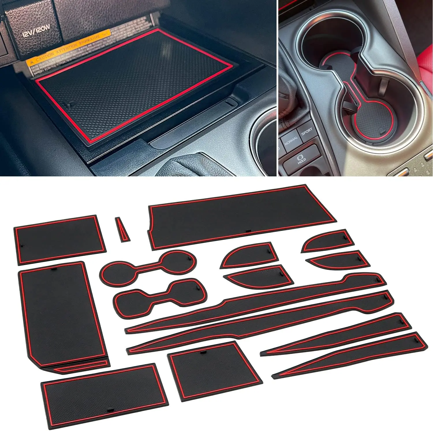 16-Pcs Customized 3D Texture Surface Car Interior Accessories Set for Toyota Camry 2018-2024 (Multiple Years), Center Console Liner Organizer, Cup Holder Inserts, Door Pocket Anti-Slip Mats with Red Trim, Spill-Proof, Odor-Free, Easy Removal & Cleaning