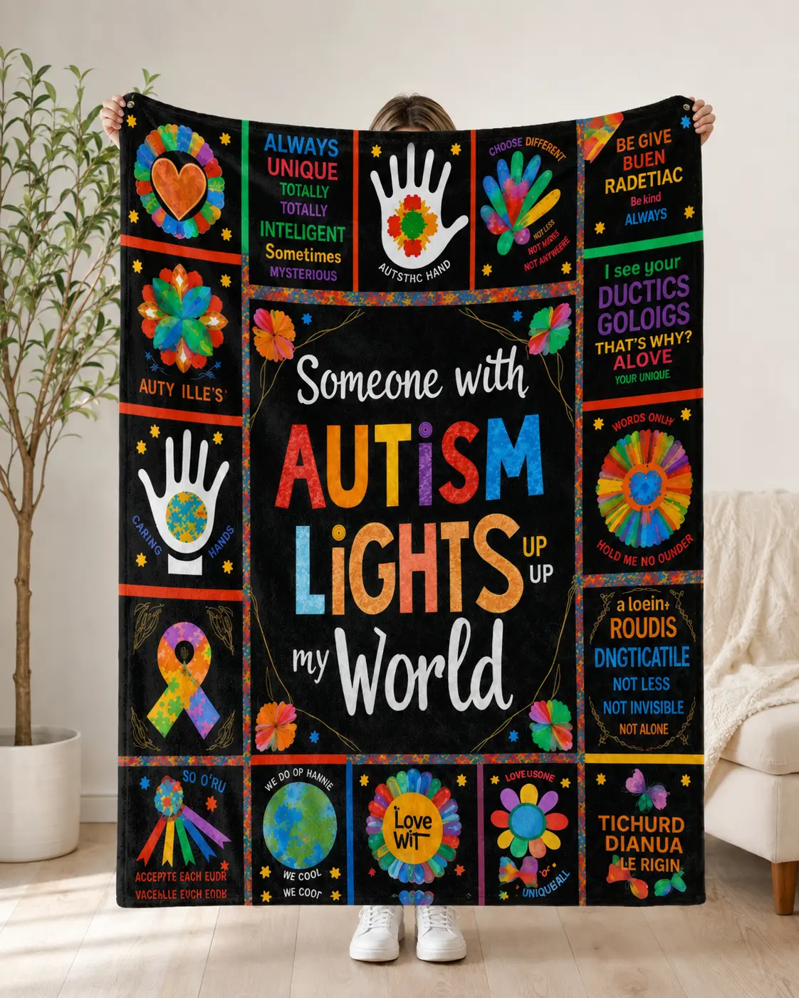 Autism Awareness Flannel Throw Blanket, Colorful Inspirational Puzzle Ribbon Fleece Blanket, Soft Cozy Blanket for Autism Families, Teachers, Therapy Room, Bedroom, Couch & Meaningful Support Gift