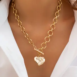Costume  Necklaces Valentine's Day  Chunky Gold Layered Heart Pendant Bold Chain with Toggle Clasp for Women,Waterproof Non Tarnish Hypoallergenic Chunky Statement   for Womentement Fashion  Items Holiday  ideal christmas gift elegant jewelry daily wear