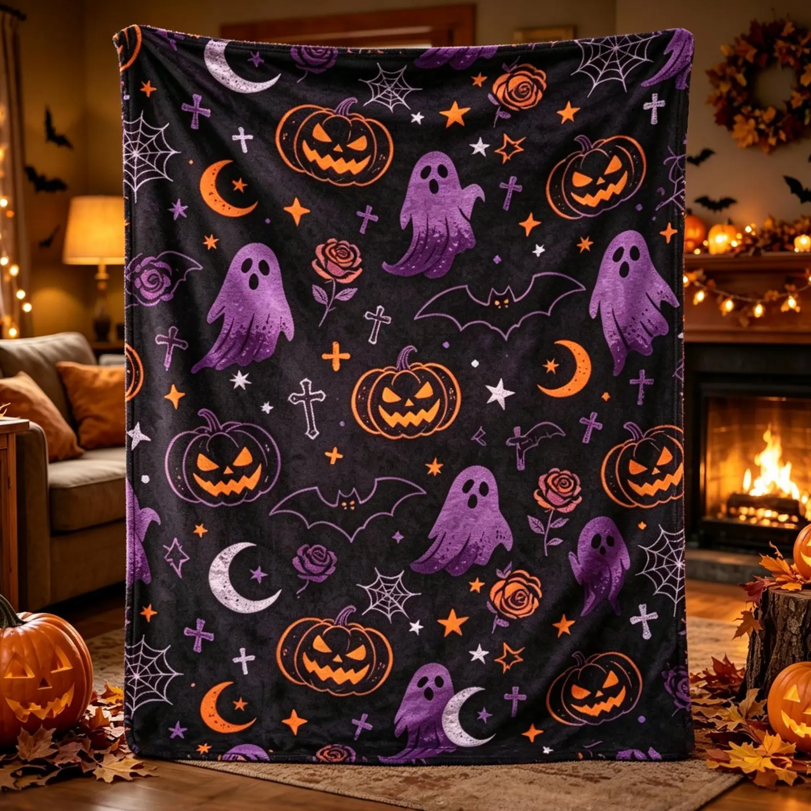 Black Purple Halloween Ghost Flannel Throw Blanket, Jack O Lantern Pumpkin Bat Moon Spider Web Rose Print Blanket, Gothic Spooky Halloween Decor Blanket, Soft Cozy Holiday Gift For Halloween Lovers