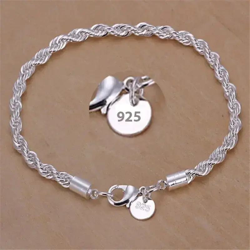 925 Sterling Silver 4MM Twisted Rope Bracelets For Women Men Fashion Minimalist Couple Chain Bracelet Male Unisex Jewelry Gifts