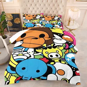 Cartoon Animal Graffiti Comforter Set - Durable Material Comfy Bed Sets, 1 Quilt + 1/2 Pillowcases, 3D Printed Baby Milo Style Bedding for Kids Teens, Perfect Playful Bedroom Decor, Twin/Full/Queen Sizes