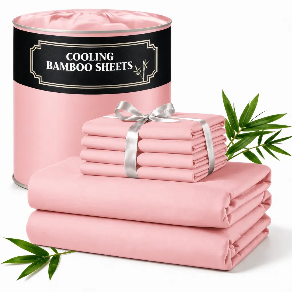 Jollyvogue Extra Deep Pocket Bamboo Sheets - 6 Pcs Breathable & Cooling Bed Sheet Set, Hotel Luxury Fitted Soft Wrinkle-With 16-Inch Deep Pocket, Suitable for All Seasons, Twin/Full/Queen/King Size Pillowcase Sets, Home Bedroom, Plain Weave