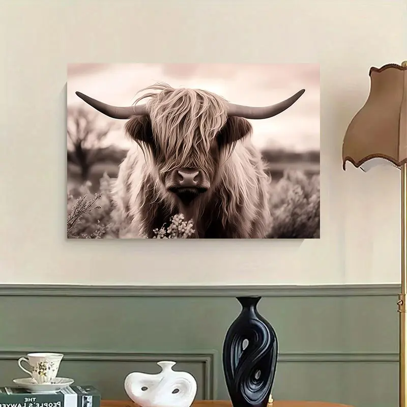 1 Piece Highland Cow Canvas Wall Art, Aesthetic Wall Decor, Farmhouse Decoration, Rustic Touch, Wrapped Canvas Frame, Ready to Hang for Country Living Room, Kitchen, Bedroom Decoration, Scottish Country Painting, Suitable for Home, Office or Gift
