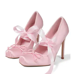 Satin High Heels for Women Square Toe Pumps with Oversized Bow & Ankle Ribbon Tie Elegant Stiletto Heel Cute Toe Bow Detail Satin Material Fashion Statement Footwear for Parties Special Occasions
