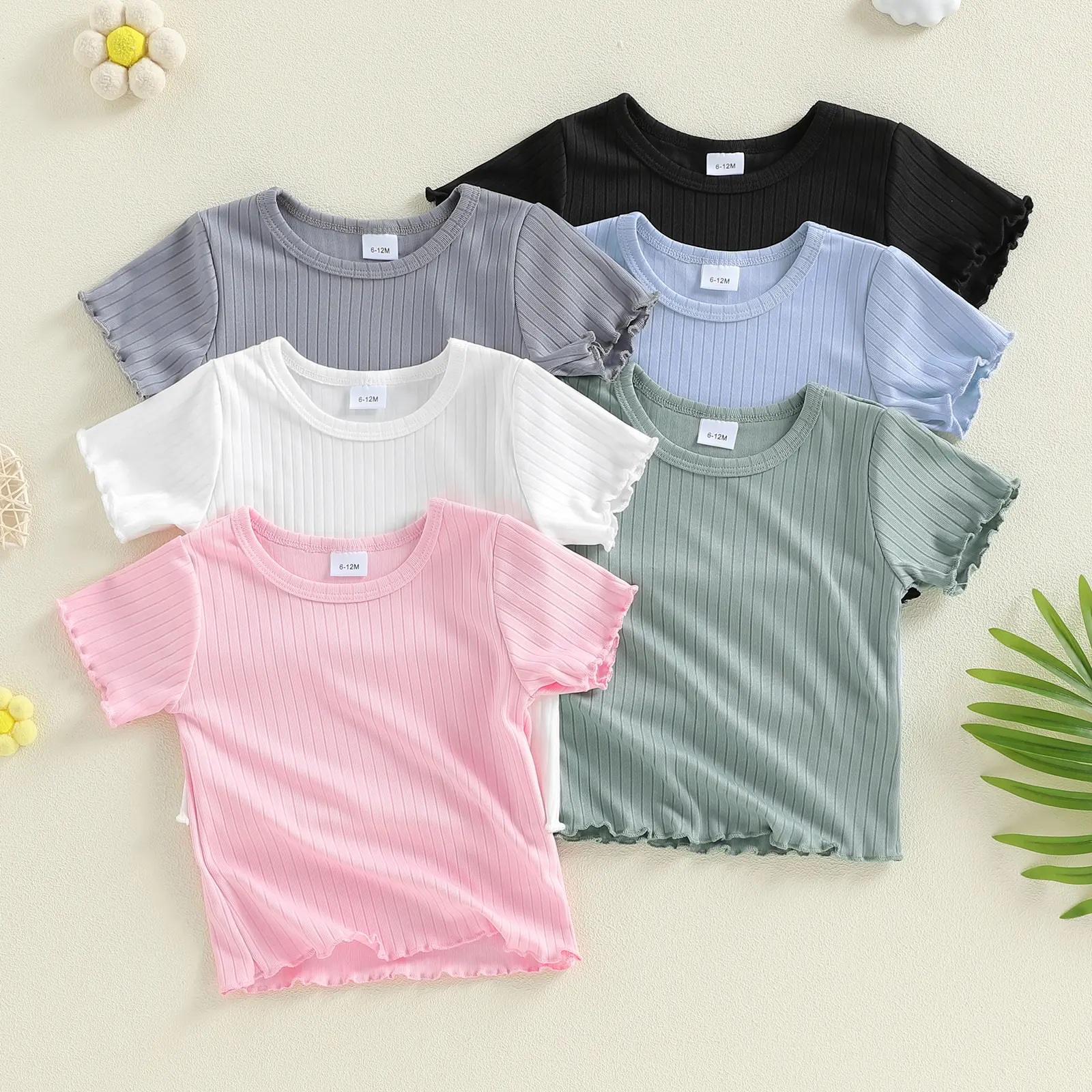 3PCS Toddler Baby Little Kid Girl Boy Summer T-Shirt Solid Color Ribbed Ice Silk Short Sleeve Loose Fit Tops 6M-5Y