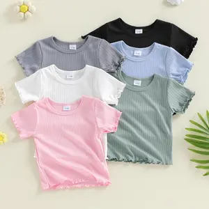 3PCS Toddler Baby Little Kid Girl Boy Summer T-Shirt Solid Color Ribbed Ice Silk Short Sleeve Loose Fit Tops 6M-5Y