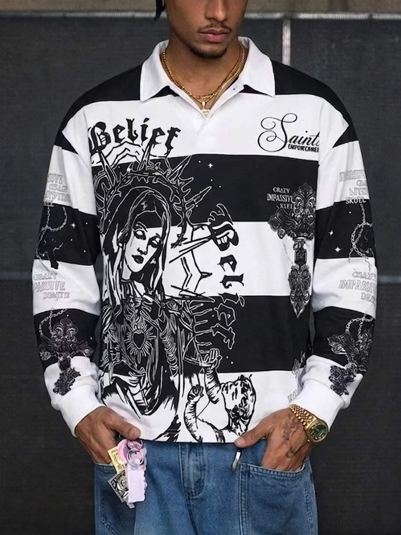 Men's Long Sweatshirt with All over Print, Casual Loose-Fit Long Sleeve Top for Spring & Fall, Comfortable Streetwear for Outdoor Activities