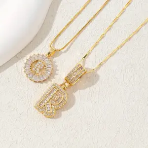 Initial Pendant Necklace for Men Womens,Plated Square Letter Capital Necklace Alphabets from A-Z Figaro Chain Necklace