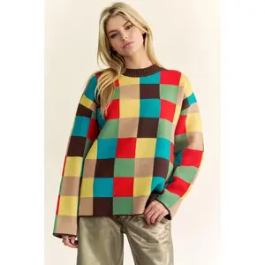 Davi & Dani Color Block Checkered Dropped Shoulder Sweater