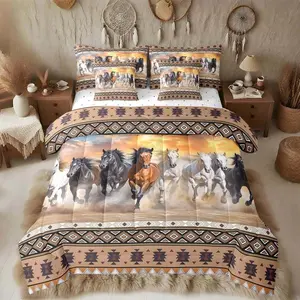 Brown Horse Comforter Set with Sheets Kids Galloping Horse Bed in a Bag for Boys Girls Teens Wild Western Southwestern Aztec Rustic Farmhouse 7 Pieces Bedding Set Soft Room Decor