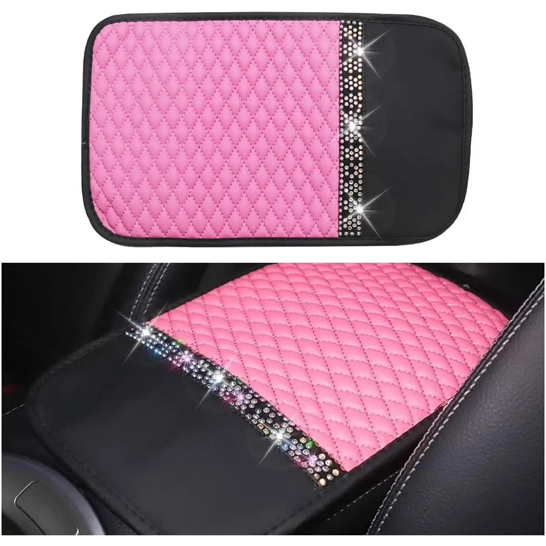Bling Diamond Synthetic Car Center Console Armrest Cover, 12.4×7.48 in Grid Color-Blocking Anti-Scratch Protector Cushion Pad for SUV Daily Use, Automotive Interior Decoration Accessories, 12.4×7.48 Inches