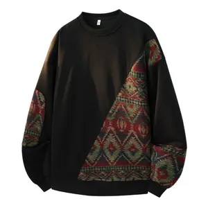 Ethnic jacquard spliced sweater, men's spring and autumn coat loose and versatile sports youth, trendy casual round neck pullover long-sleeved top, youth long-sleeved sweatshirt, soft and comfortable fabric, suitable for daily wear, gift giving