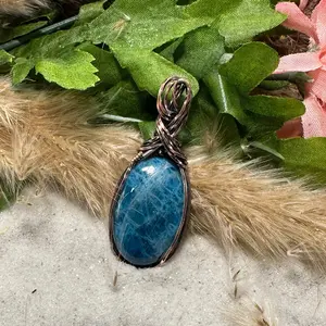 Blue Apatite Pendant wrapped in Oxidized Copper