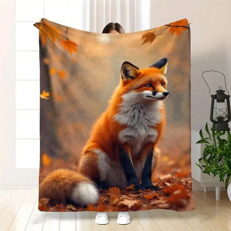 Cute Little Fox Pattern Flannel Blanket, Soft Comfortable Sofa Throw, Ideal Birthday Gift for Couples, Holiday & Daily Use Souvenir Blanket
