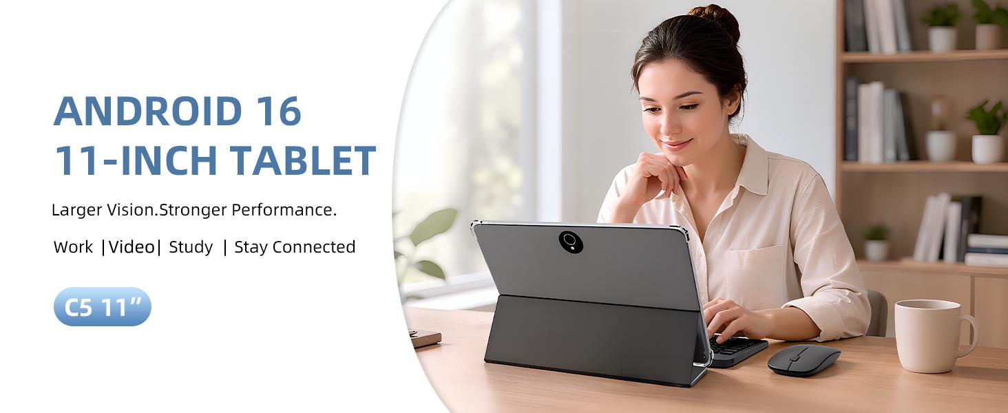 JUNINKE 11-in LCD Touchscreen Tablet, 2-in-1 Laptop with Keyboard Case (Blue) & Typing Mode, 32GB Base-256GB Expandable Storage, Android 16, 8000mAh Built-in Battery, 5MP Camera, USB Port, Wifi, for Daily Tasks, Elderly Users