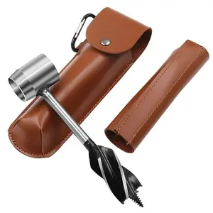 Survival Wrench with PU Leather Storage Bag, Manual Wood Auger Wrench, Scotch Eye Wood Auger Drill Bit, Multifunctional Hand Survival Punch Tool, Portable Hand Tools, Tool Accessories