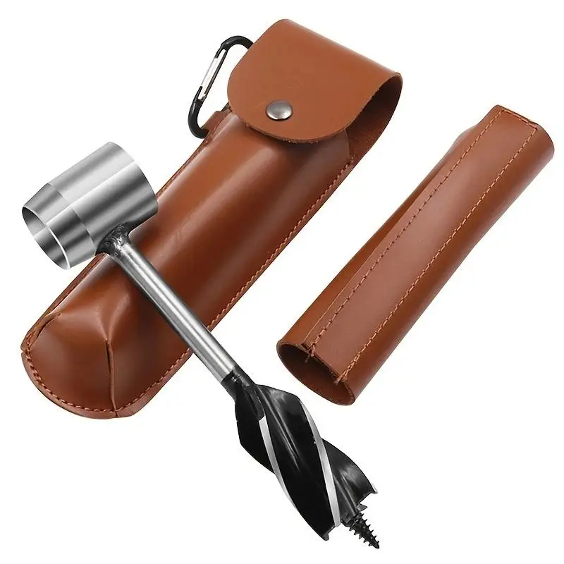 Survival Wrench with PU Leather Storage Bag, Manual Wood Auger Wrench, Scotch Eye Wood Auger Drill Bit, Multifunctional Hand Survival Punch Tool