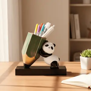 Lightyear24 Resin Panda Mascot Pen Holder - Natural Wood Pencil Cup, Cute Desk Organizer for Office, Collectible Figurine Decor
